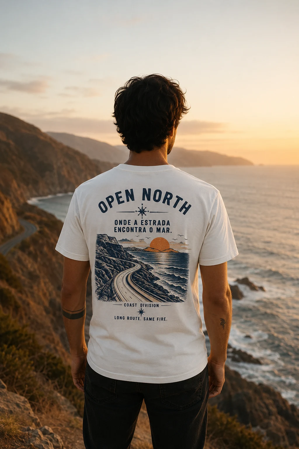 Homem de costas diante do mar ao entardecer vestindo a camiseta Coast branca, com a estampa Onde a estrada encontra o mar.