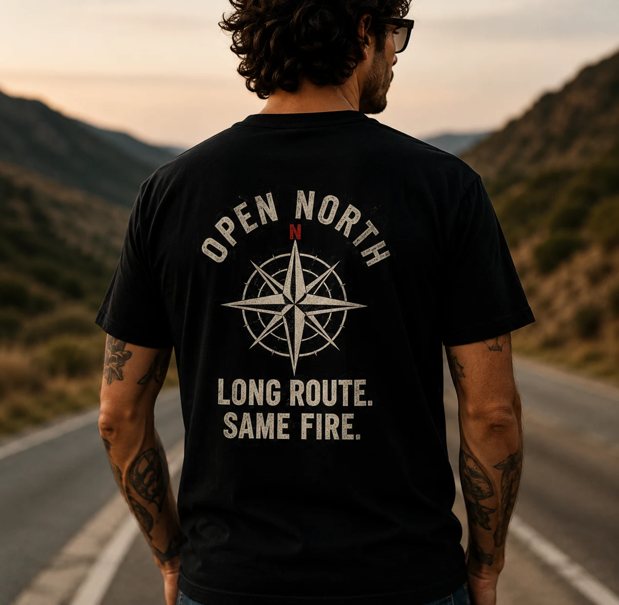 Homem de costas no meio da estrada vestindo a camiseta Compass preta, com a estampa Open North, bússola e Long Route. Same Fire.